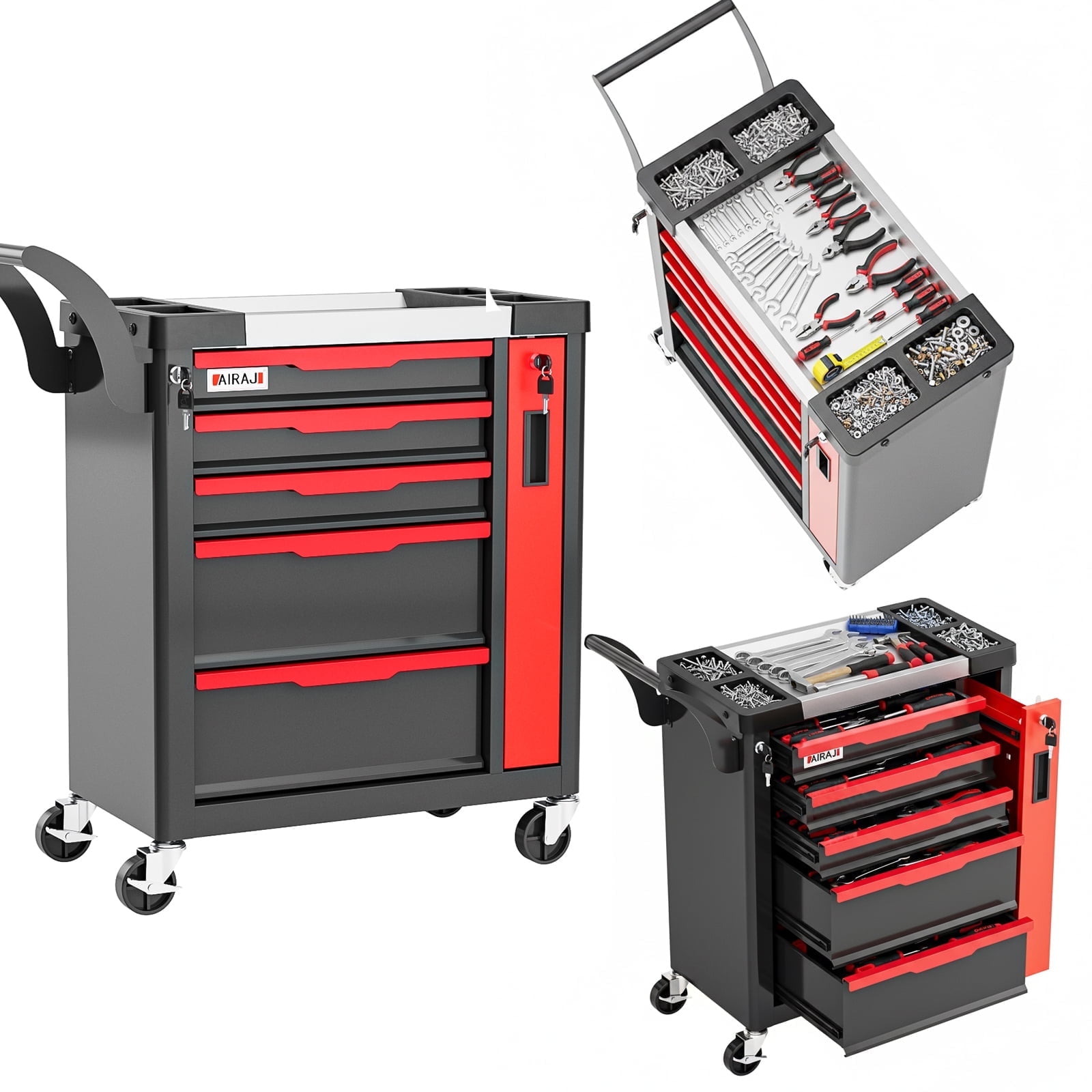 5-Drawer Rolling Tool Chest with Lock, Large Mobile Tool Cart & Cabinet for Garage Workshop Storage,Tool Box Red