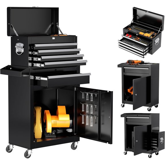 5-Drawer Rolling Tool Chest with Lockable Wheels, Sliding Drawers and Detachable Top, Tool Storage Cabinet for Garage Workshop, Black