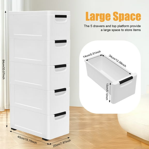 5-Drawer Safe PP Storage Cabinet with Smooth Sliding Drawers,Mobile Stackable Clothes Storage Tower, for Home, Office, Bedroom Storage Cabinet (White)