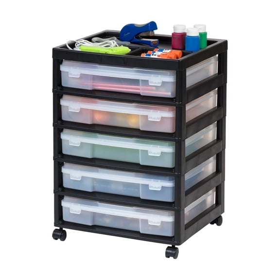 5 Drawer Scrapbook Storage Cart with Wheels, Black - 12x12 Paper Organizer - Rolling Craft Supply Organizer with Cases & Top Organizer