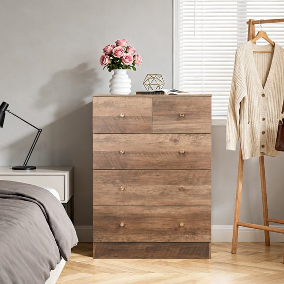 5-Drawer Storage Cabinet, Grey Linen-textured Melamine Particle Board Cabinet with Matte Gold Handles, 3+2 Drawer Organizer for Bedroom Office Living Room