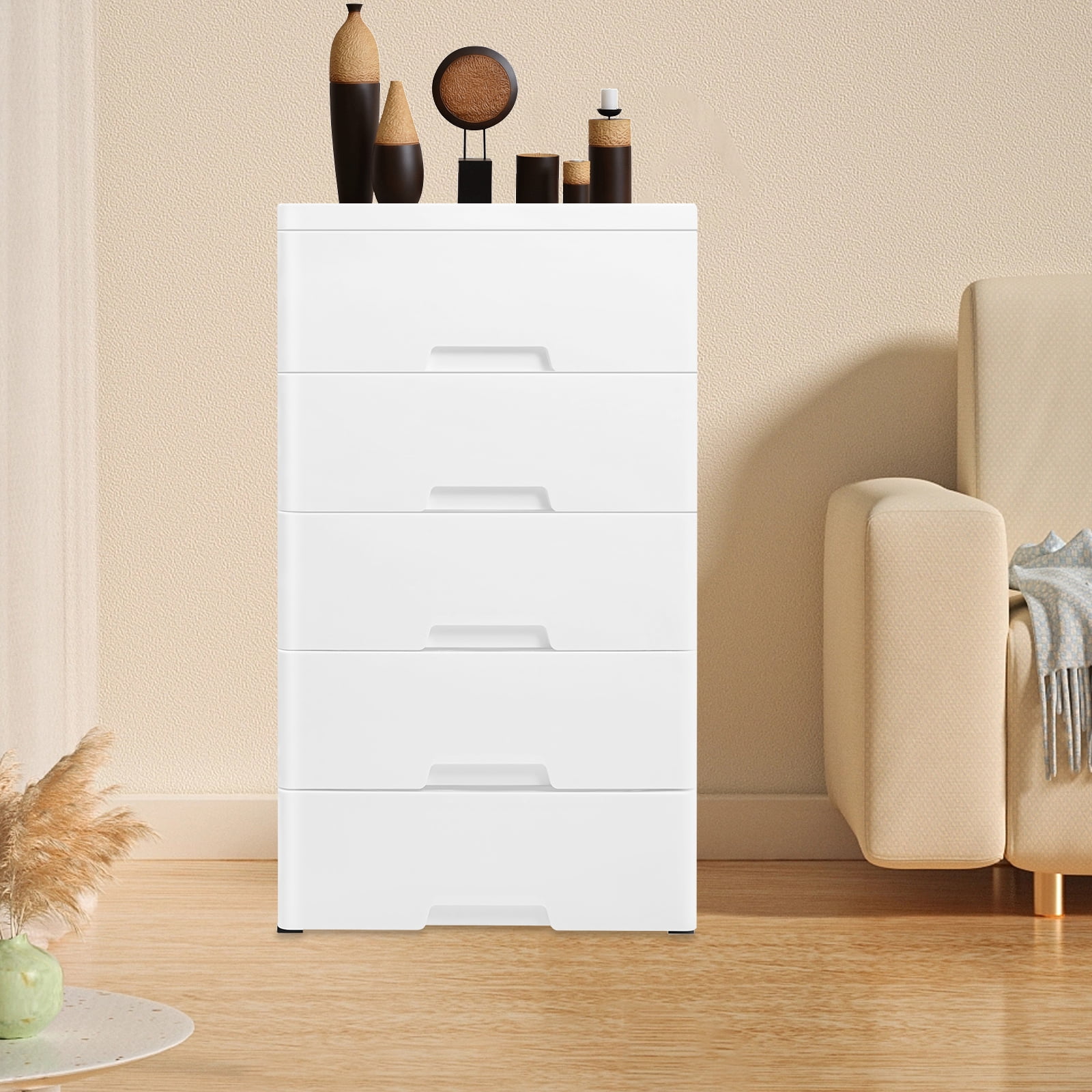 5 Drawer Storage Cabinet, Tall Plastic Dresser with Wheels for Bedroom ...