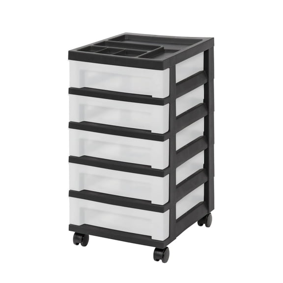 5-Drawer Storage Cart, Plastic Organizer with Wheels - Black - Fits 8.5x11 Paper, Craft Supplies, Office & Home Use - Compact Narrow Design
