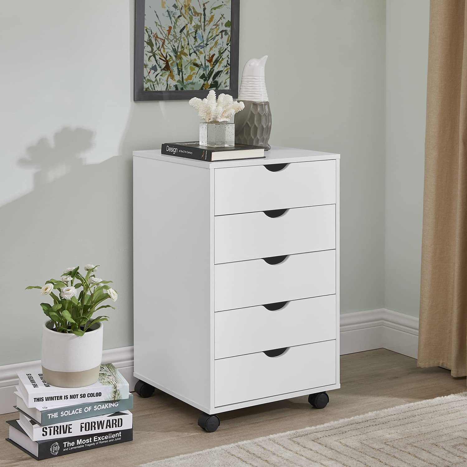 5 Drawer Storage Organizer, 25.39'' Height File Cabinets Dressers With Wheels, Wood Underdesk Cabinet For Home Office, Bedroom, Study, White