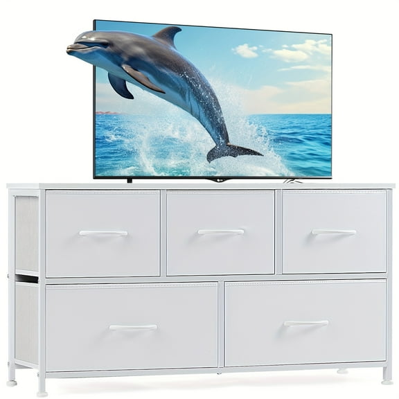 5-Drawer TV Stand - Media Console with Fabric Drawers & Open Shelf. Fits 45" TV, Ideal for Bedroom or Living Room. Great Father’s Day Gift.