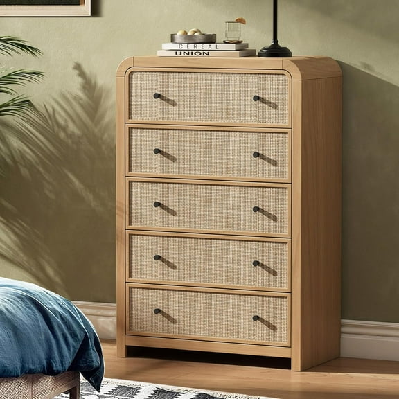 5 Drawer Tall Dresser for Bedroom, 47'' Rattan Dresser with Ample Storage, Boho Chest of Drawers, Thickened Curved Profile Design, Oak Dressers for Bedroom, Living Room