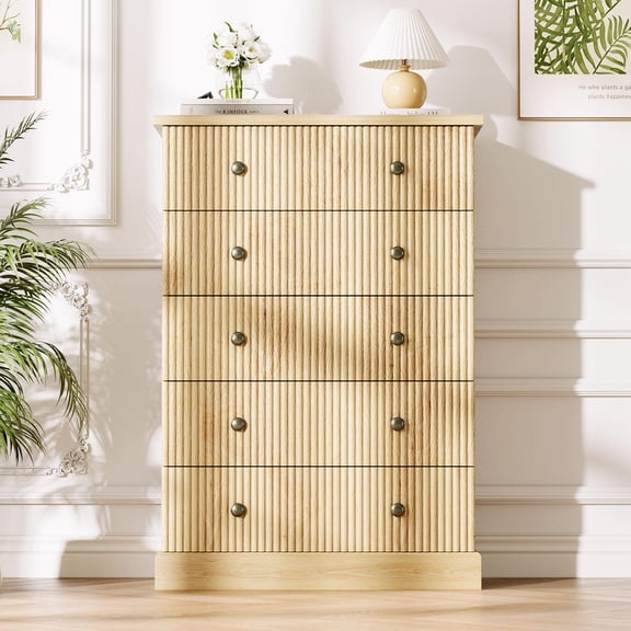 5 Drawer Tall Dresser for Bedroom, Fluted Vertical Chest of Drawers, Wood Storage Dresser with Metal Handles, Space Saving Dresser for Apartment Guest Room, Natural