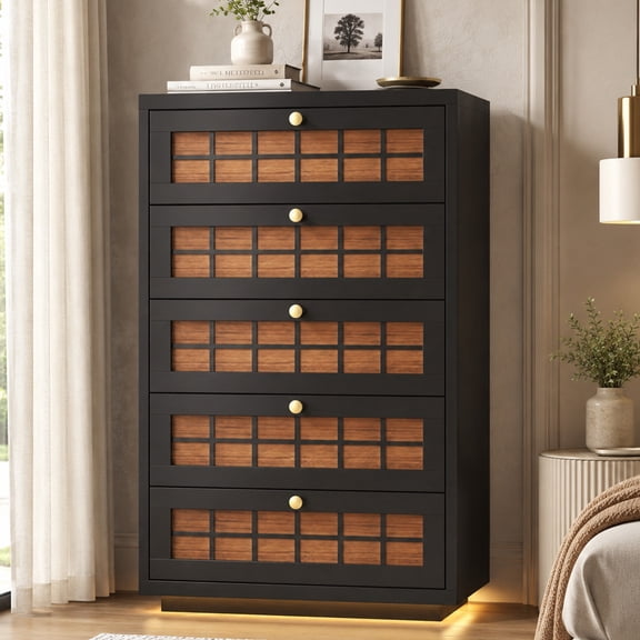 5-Drawer Tall Dresser with LED Lights & Charging Station, Black Vertical Chest of Drawers with Grid Front & Gold Knobs, Mid-Century Modern Storage Cabinet for Bedroom, Closet, Hallway