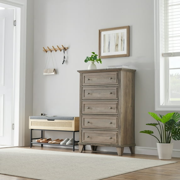 IdealHouse Vintage 5 Drawer Tall Dresser, Black/Oak, 48"H, 97 lbs