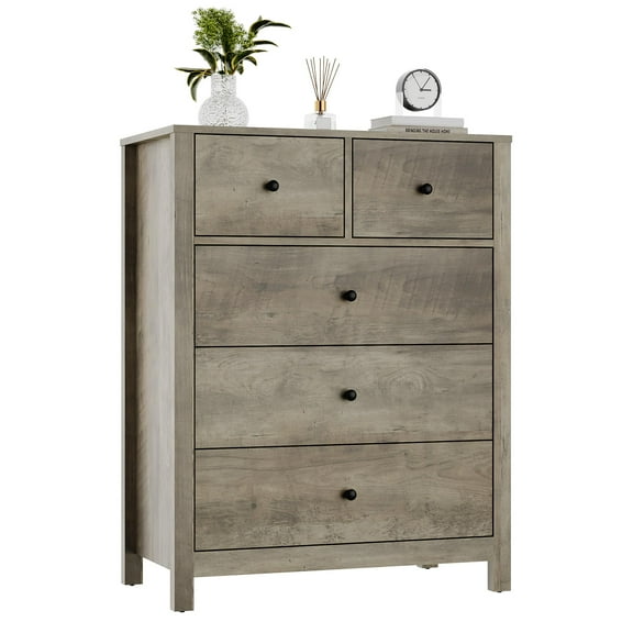 5-Drawer Tall Dresser with Deep Drawers and Metal Knobs, Modern Wood Double Chest for Bedroom, Entryway, Hallway