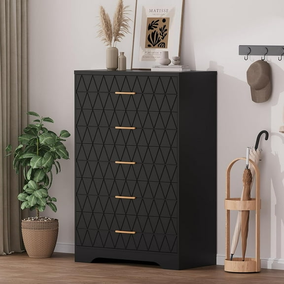 5 Drawer Tall Wood Dresser for Bedroom, Wooden Chest of Drawers with Gold Handles for Closet, Modern Storage Cabinet and Organizer Drawers for Living Room, Hallway, Nightstand