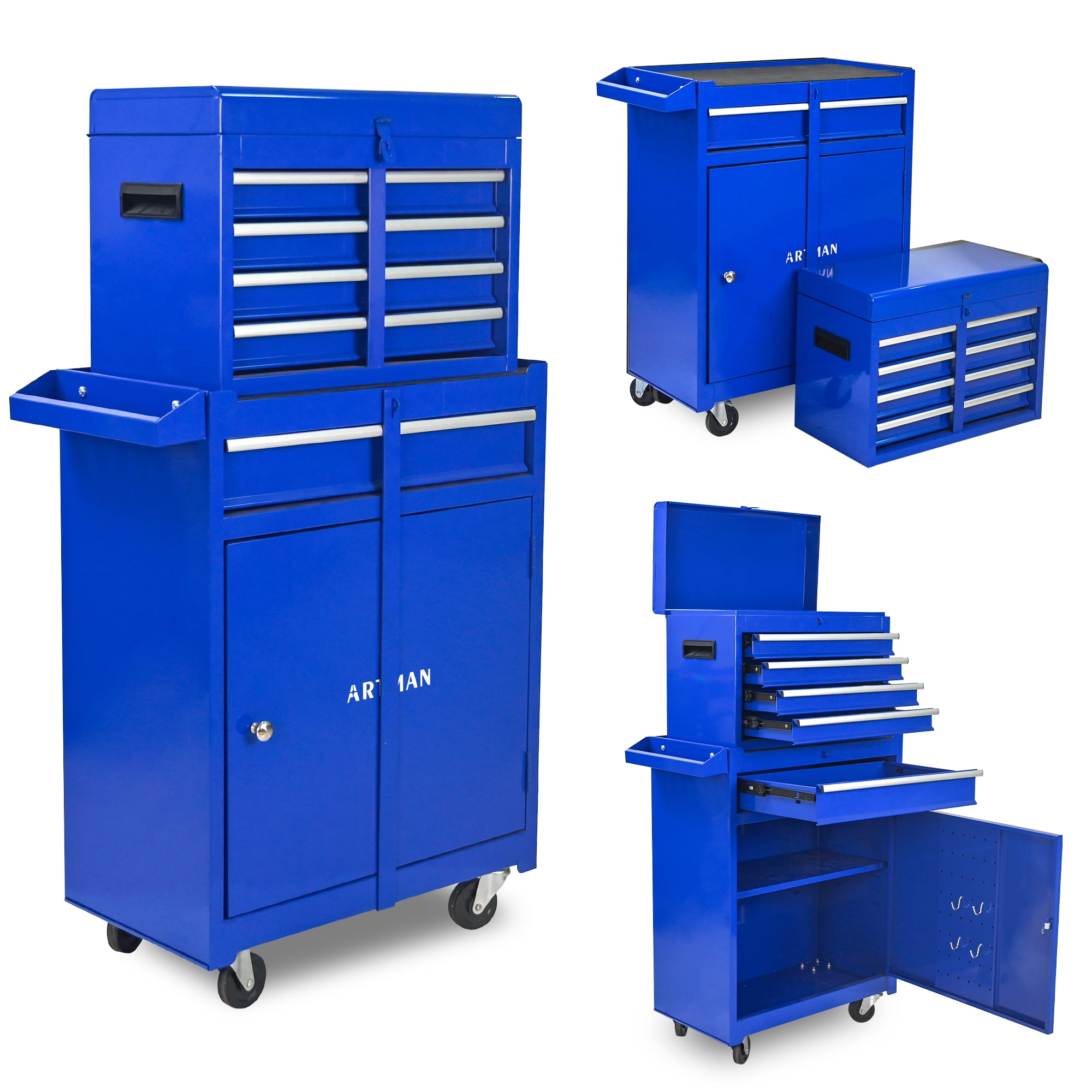5-Drawer Tool Box, Enyopro Rolling Tool Chest, Stainless Steel Tool Box with Brake Wheels and 4 Drawers, Detachable Tool Cart, Blue