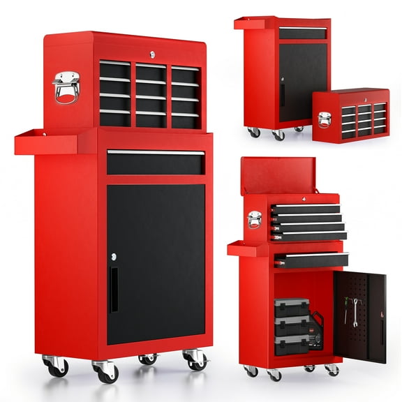 5-Drawer Tool Box, Enyopro Rolling Tool Chest, Stainless Steel Tool Box with Brake Wheels and 4 Drawers, Detachable Tool Cart, Red