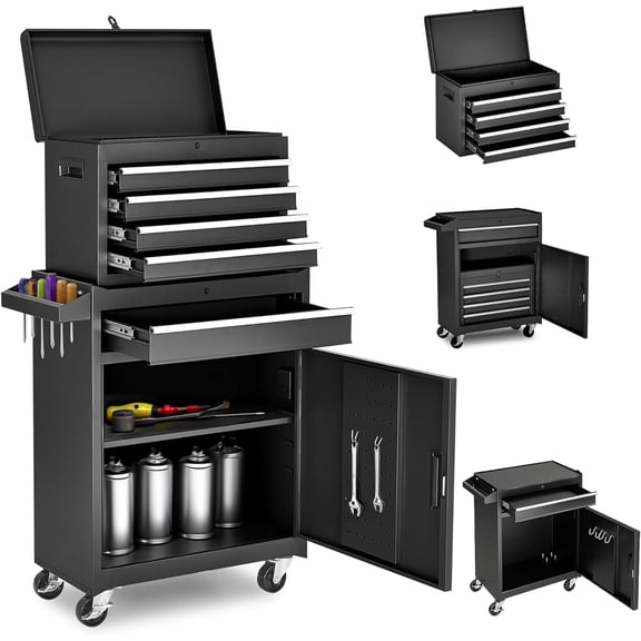 5 Drawer Tool Cart with Wheels & 1 Cabinet, Detachable Portable Top Box, Lockable Rolling Tool Chest Trolley Organizer Set, Multifunctional Tool Box w/Storage Lockers for Garage & Workshop（Black）