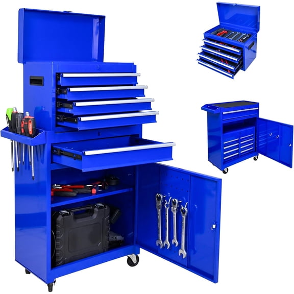 5-Drawer Tool Chest, Rolling Tool Box with Detachable Top Toolbox & Universal Wheels, Tool Cabinet with Lock Bar, Protective Liner & Tool Rack, Metal Storage Cart for Workshop,Garage (Blue)