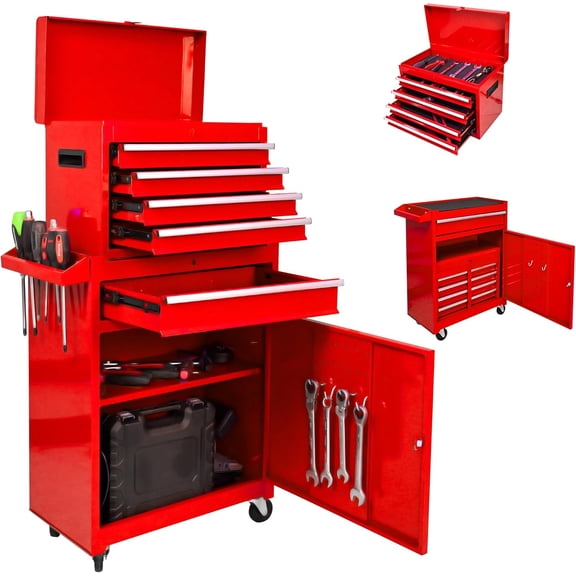 5-Drawer Tool Chest, Rolling Tool Box with Detachable Top Toolbox & Universal Wheels, Tool Cabinet with Lock Bar, Protective Liner & Tool Rack, Metal Storage Cart for Workshop,Garage (Red)