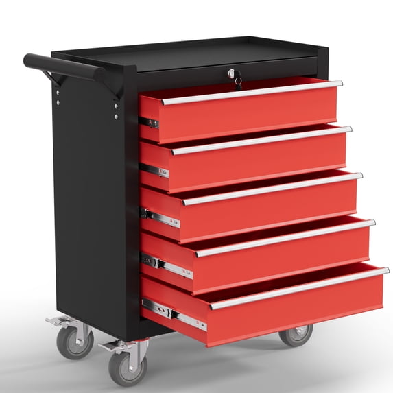 5-Drawer Tool Chest,Rolling Tool Cart with Wheels,High Capacity Tool Cabinet with Locking System for Garage, Warehouse, Workshop-Black&Red