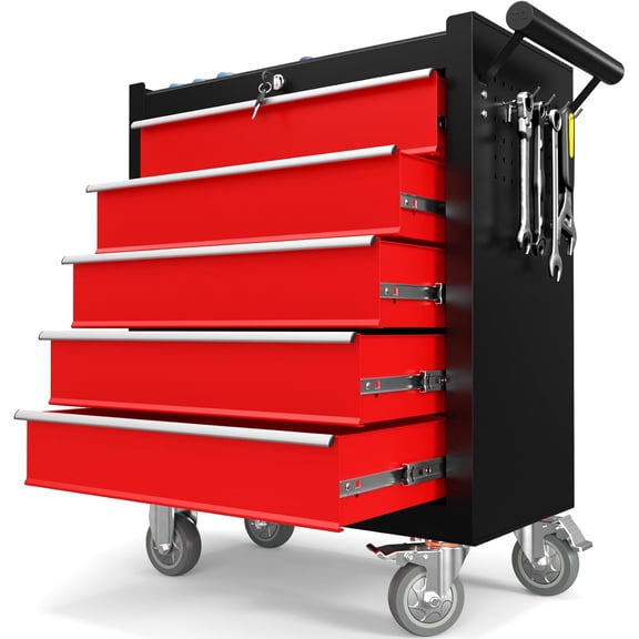 5-Drawer Tool Chest, Rolling Tool Chest with Wheels, Heavy Duty Tool Storage Cabinet with Lockable Casters, Tool Box Cart with Key-Locking Drawers for Garage, Workshops, Warehouse-BlackRed