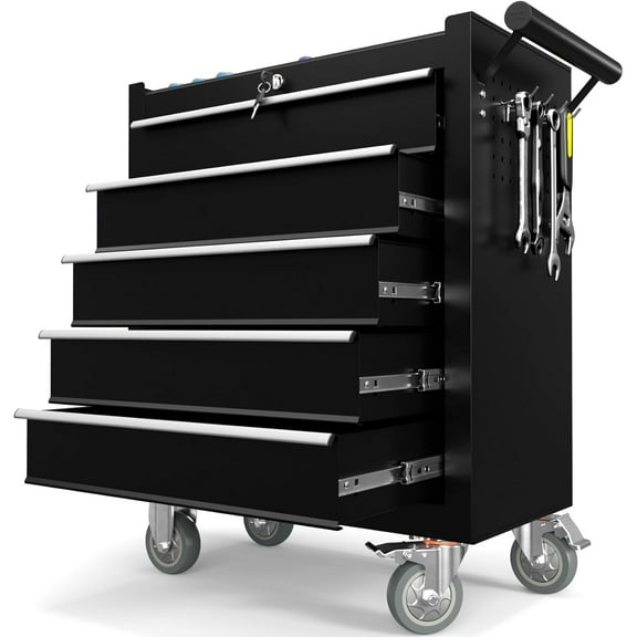5-Drawer Tool Chest, Rolling Tool Chest with Wheels, Heavy Duty Tool Storage Cabinet with Lockable Casters, Tool Box Cart with Key Locking System Drawers for Garage, Workshop, Warehouse-Black