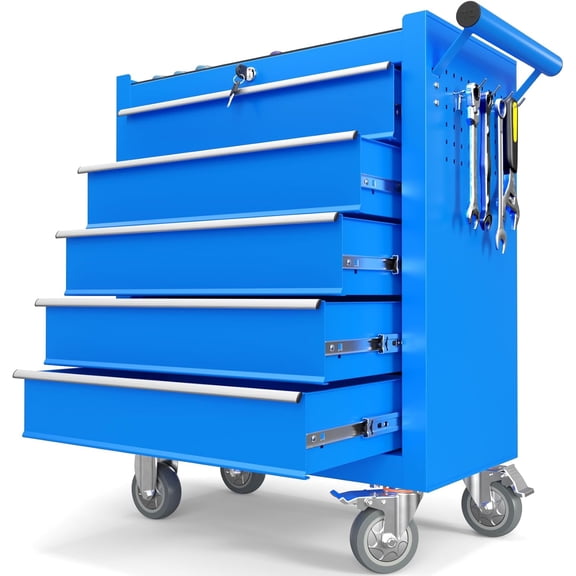 5-Drawer Tool Chest, Rolling Tool Chest with Wheels, Heavy Duty Tool Storage Cabinet with Lockable Casters, Tool Box Cart with Key Locking System Drawers for Garage, Workshops, Warehouse-Blue