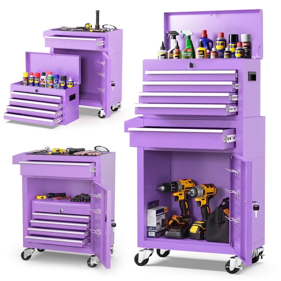 5-Drawer Tool Chest on Wheels, 2 In 1 Rolling Tool Storage Cabinet, Tool Organizer for Garage, Workshop, Warehouse & Repair Shop, Purple