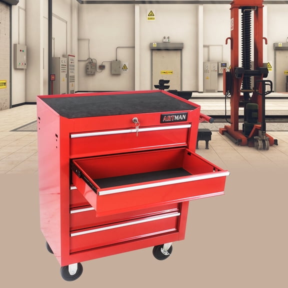 5 Drawer Tool Chest with Wheels, Locking Steel Tool Storage Cabinet for Garage, 24.25x12.99x29.33 Inches, Red, Mobile Workshop Trolley