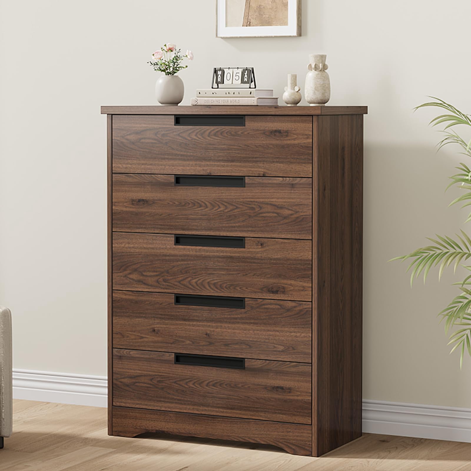 5 Drawer Vertical Dresser with Recessed Handles, Walnut Brown MDF PB Cabinet