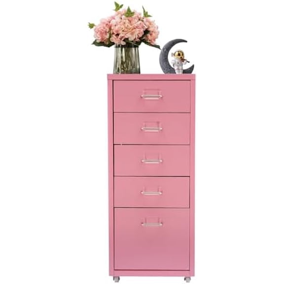 5 Drawer Vertical File Cabinet with Wheels, Multi-Layer Metal Drawer Filing Cabinet, Mobile Storage Cabinet for Home Office, 28 Inch, Pink$$Furniture
