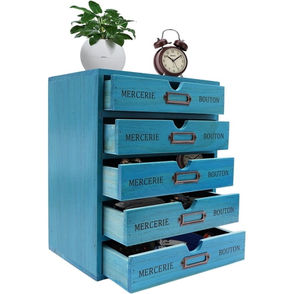 5-Drawer Vintage Desk Organizer, Wooden Storage Box with Label Frames, Level File Drawer Unit, Library Card Catalog Wood Storage Cabinet for Stationery, Thread Embroidery, Sewing, Crafts