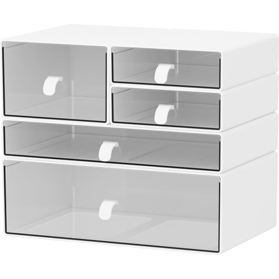 5 Drawer White & Clear Storage Chest Desktop Office Bathroom Makeup Organization