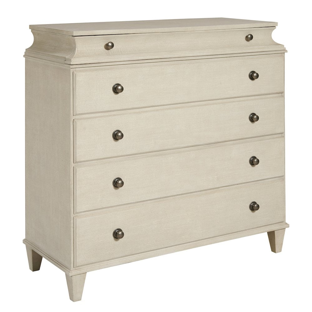 Almond Milk Faux Linen 5-Drawer Bachelor's Chest with Jewelry Tray