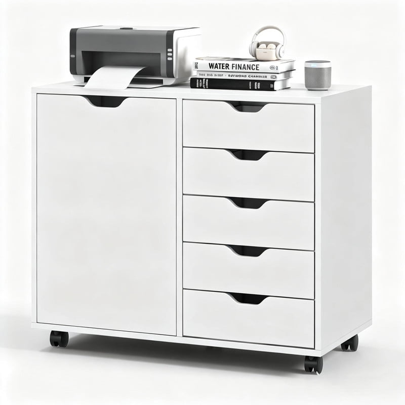 5-Drawer Wood Drawer Cabinet, Office Storage Cabinet with Adjustable Shelf & Wheels, Printer Stand for Home Office, White, 15.7" D x 30.7" W x 25.4" H