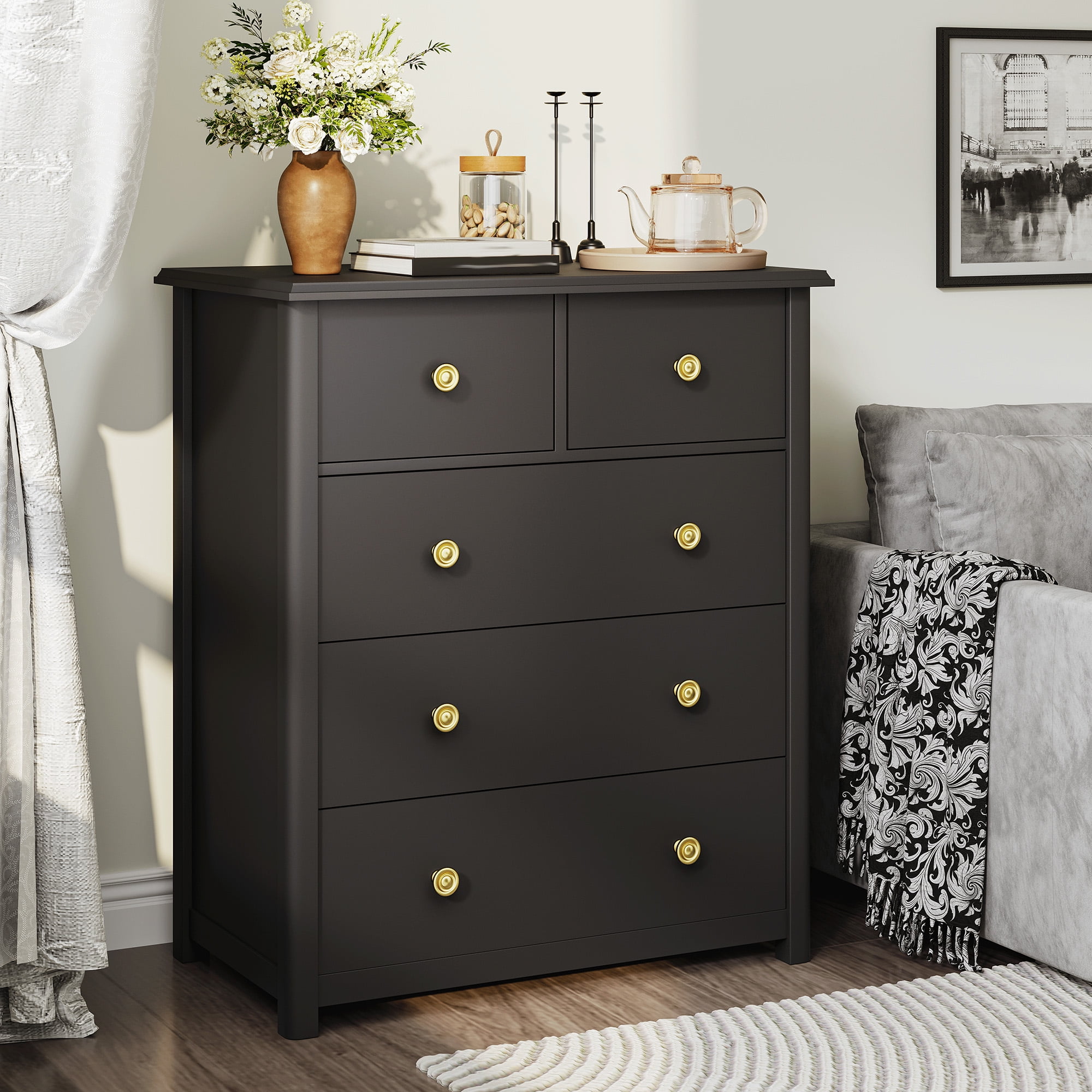 5-Drawer Wood Dresser for Bedroom,Tall Chest of Drawers Storage Cabinet for Living Room,Hallway, Office,Black