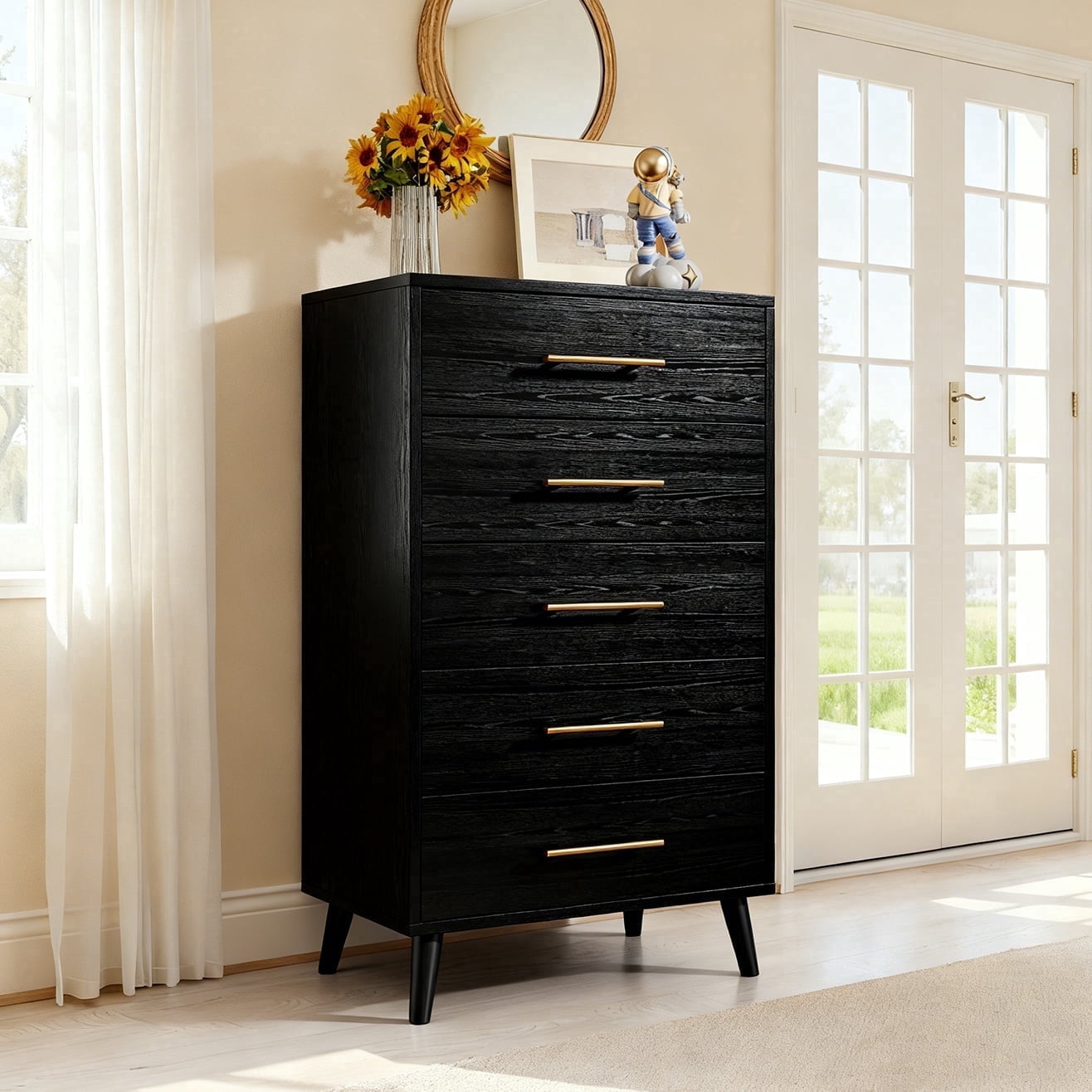 green emerald velvet dress Lif 50 inch Modern 5 Drawer Tall Dresser Chest, Gold Accents, Smooth Black main image 1