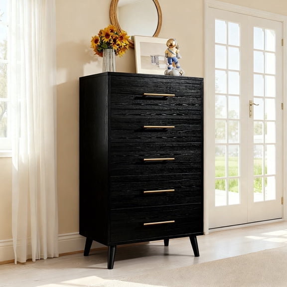 5 Drawer Wood Dressers, Modern Wood Dressers, Wide Chest of Drawers with Gold Handles for Living Room, 47.5" Height, Black