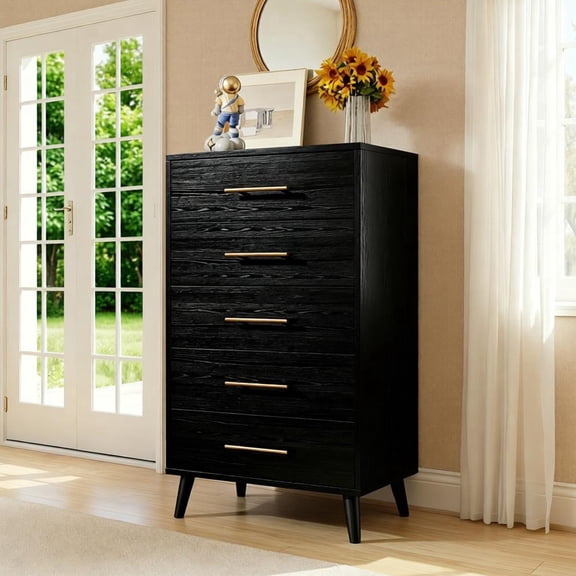 5 Drawer Wood Dressers, Wide Chest of Drawers with Gold Handles, Accent Furniture for Living Room, Black