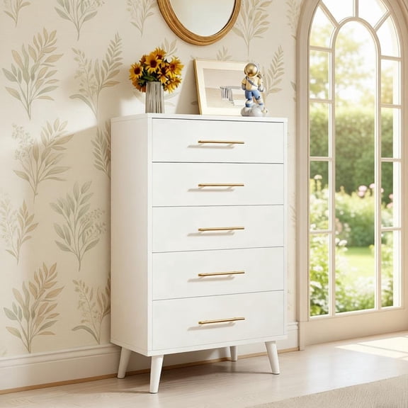5 Drawer Wood Dressers, Wide Chest of Drawers with Gold Handles, Accent Furniture for Living Room, White