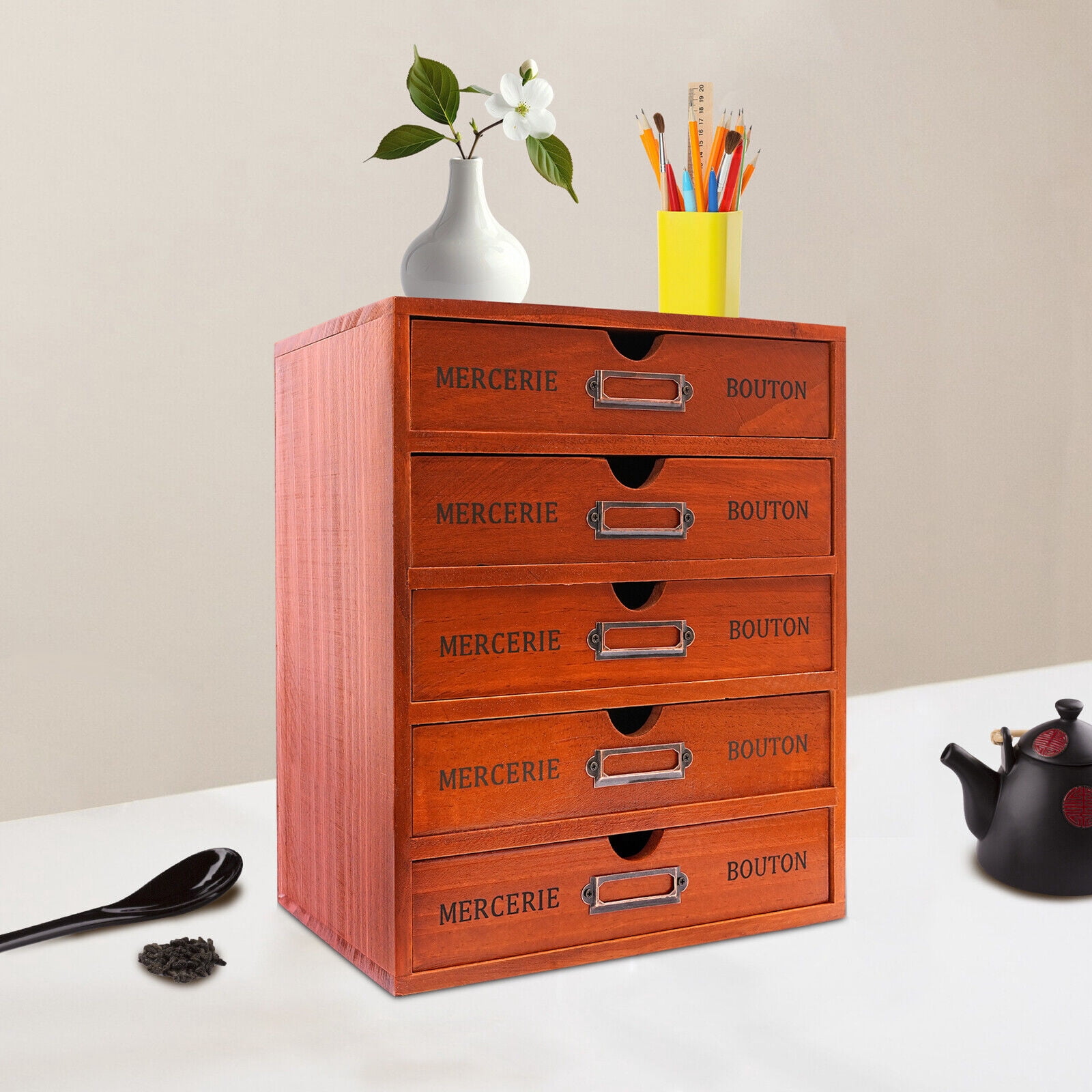5-Drawer Wooden Desk Organizer, Storage Drawers, Vintage Shelf Drawer in Office, Study, Bedroom, Dresser for Organizing Documents, Files, Pens, Notebooks, Handy Stickers, or Other Items