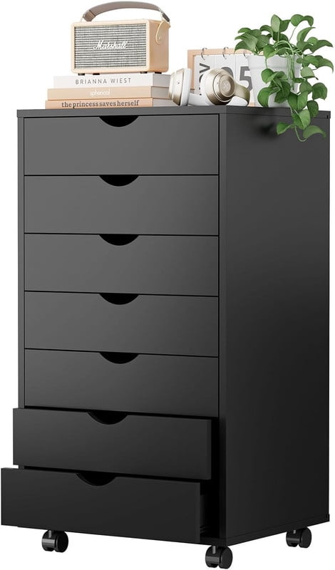 TINKLE WELL 7 Drawer Wooden Rolling File Cabinet, Mobile Compact Storage Dresser for Home Office Organization, Black