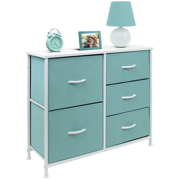 5 Drawers Chest Dresser - Wood Top Finish - Art Deco, Aqua