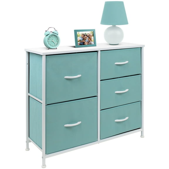 5 Drawers Chest Dresser - Wood Top Finish - Art Deco, Aqua