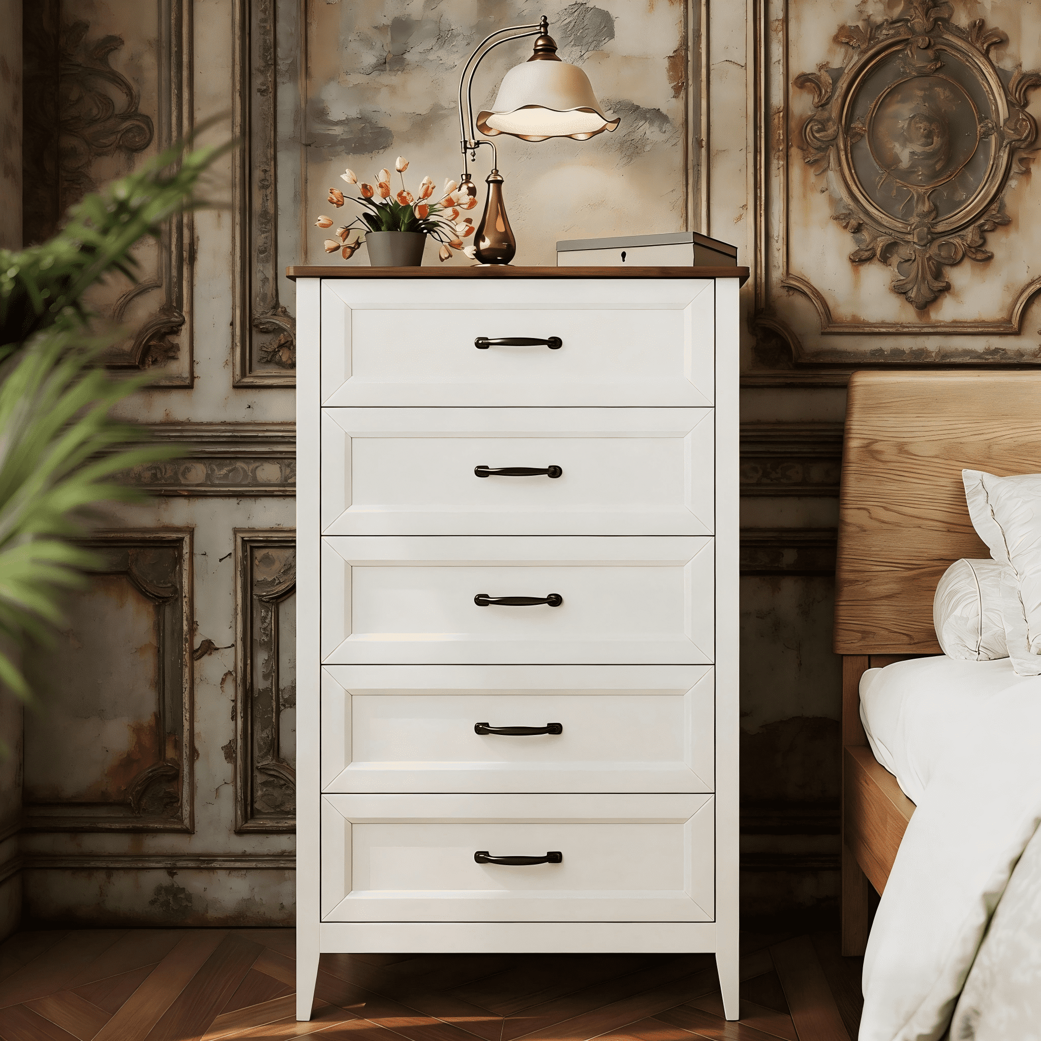 Lofka 5-Drawer Dresser for Bedroom, 45" Tall Farmhouse Rustic White Wood  Chest with Wide Metal Handles - Bedroom Organizer