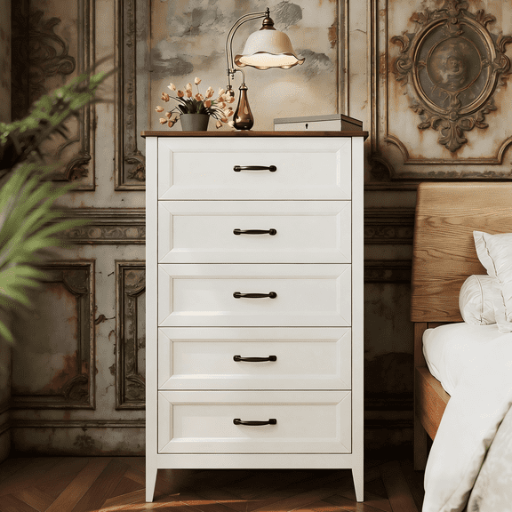 Lofka 5-Drawer Dresser for Bedroom, 45" Tall Farmhouse Rustic White Wood Chest with Wide Metal Handles - Bedroom Organizer