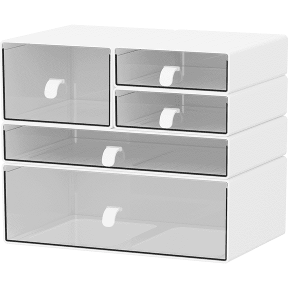 Yashong 5-Compartments Desktop Storage Organizer, Stackable Dustproof Drawers for Desktop, Office, DIY Craft & Vertical and Make Up, White