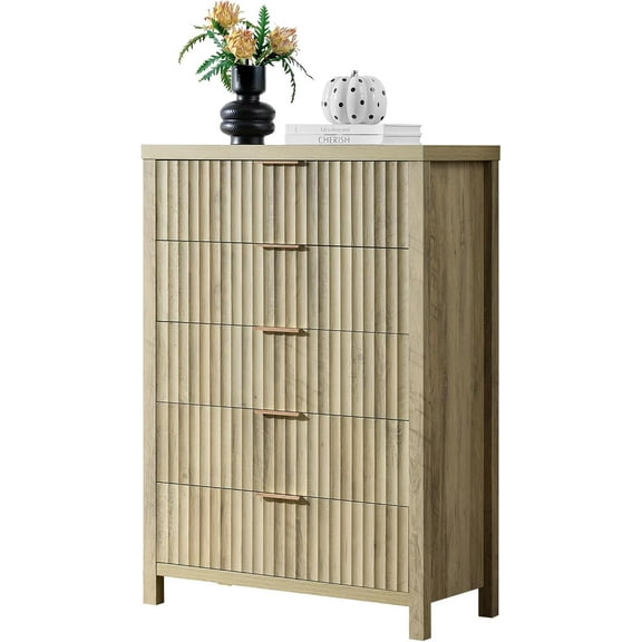 5 Drawers Dresser for Bedroom, 44 Inches Tall Modern Bedroom Dressers, Chest of Drawers for Bedroom, Fluted Dresser for Closet Organizer for Living Room, Hallway, Entryway (Sunwashed Ash Oak)