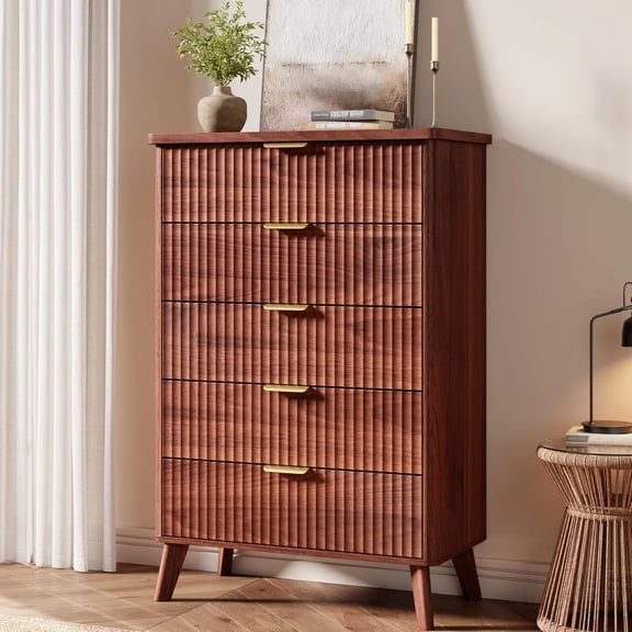 5 Drawers Dresser for Bedroom, 47.2" Tall Dressers with Curved Profile Design, Fluted Wood Drawers with Gold Handle, Modern Chest of Dressers with Thickened Design for Living Room, Walnut