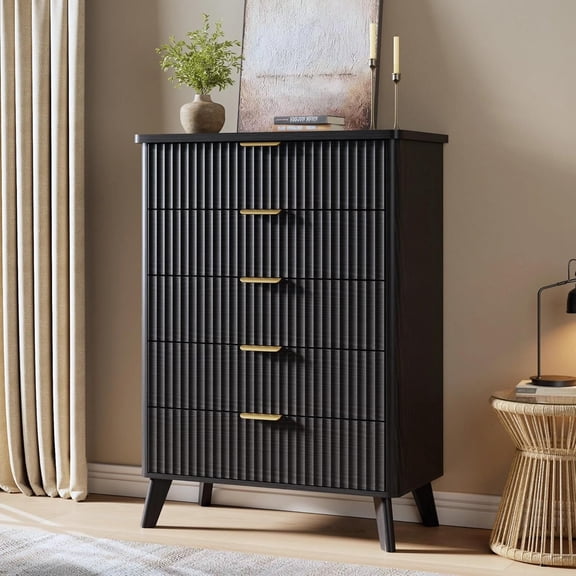 5 Drawers Dresser for Bedroom, 47.2" Tall Dressers with Curved Profile Design, Fluted Wood Drawers with Gold Handle, Modern Chest of Dressers with Thickened Design for Living Room, Black