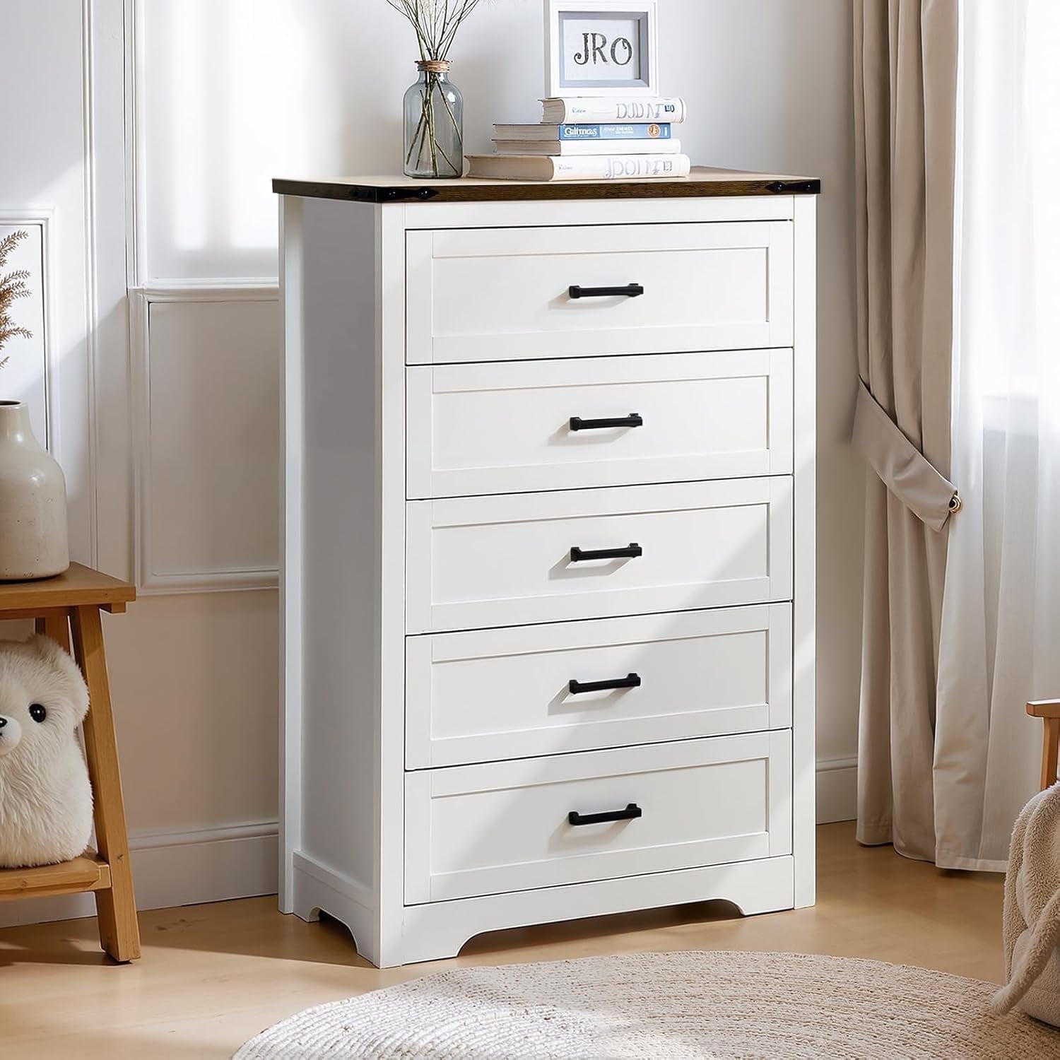 5 Drawers Dresser for Bedroom, Farmhouse Tall Dressers, Wood Rustic Chests of Drawers, Storage Dressers Organizer for Bedroom, Living Room, Hallway, Entryway, Brown1