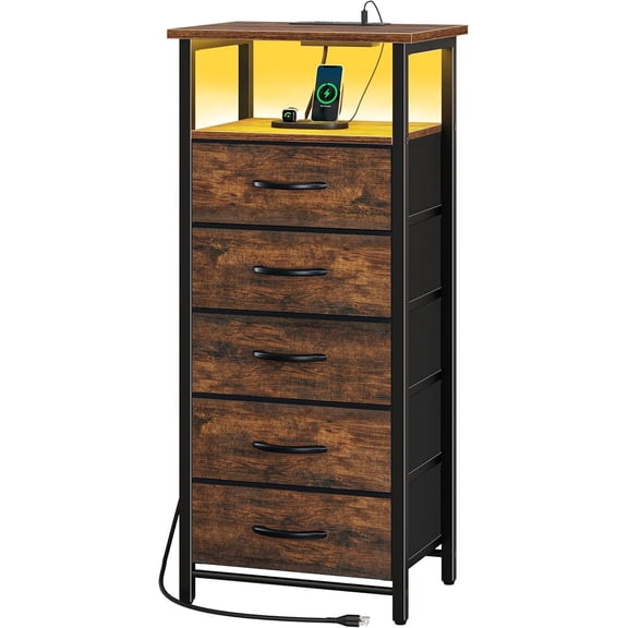5 Drawers Dresser for Bedroom, Tall Nightstand with Charging Station, Fabric Dresser for Closet with Storage Shelf, Vertical Dressers Chest LED Night Stand, Bedside Table Berry Brown