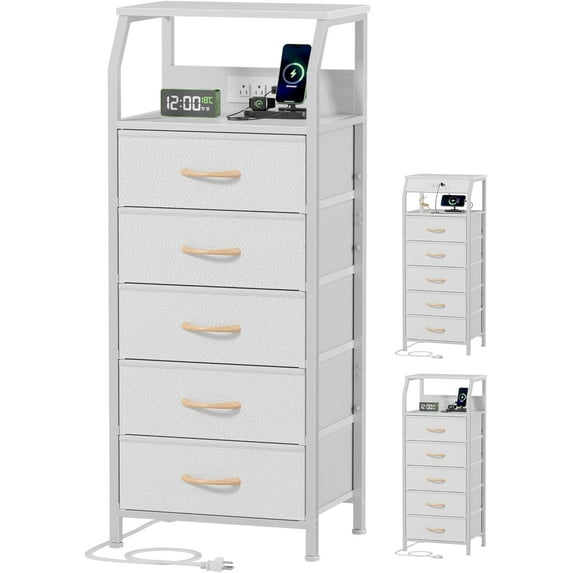 5 Drawers Dresser with Charging Station, Tall Night Stand with Open Shelf, Storage Tower with PVC & Fabric Drawer, Bedside Table for Bedroom, Closet, Entryway, 3 Ways to Use, White